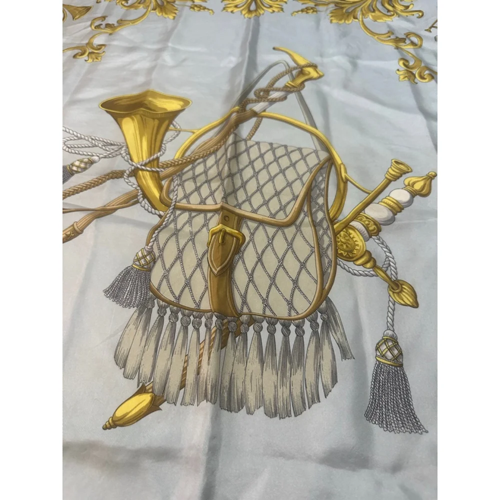 Women's Celine Blue Gold Hunting Horn Silk Scarf One Size
